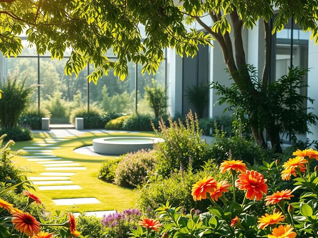 A serene, sunlit garden with lush greenery and vibrant flowers in the foreground. In the middle ground, a tranquil water feature reflects the surrounding foliage. Paths wind through the garden, inviting exploration. The background features a modern, minimalist architecture with large windows that allow natural light to flood the space. The overall atmosphere is one of calm, openness, and possibility - an environment that encourages introspection and growth. Soft, diffused lighting casts a warm glow, creating a sense of safety and comfort. The scene conveys a sense of harmony and a welcoming invitation to embrace positive change.