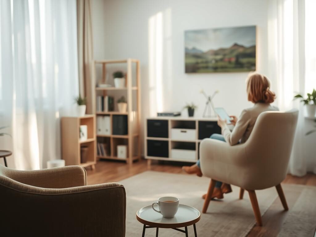 A serene therapy room, bathed in soft, natural light filtering through sheer curtains. In the foreground, a comfortable armchair and a small side table with a cup of tea, symbolizing the calming, reflective nature of cognitive-behavioral therapy. In the middle ground, a therapist and patient engaged in deep discussion, their body language conveying trust and understanding. The background features soothing, minimalist decor - a bookshelf, potted plants, and a tranquil landscape painting, creating a sense of warmth and safety. The overall atmosphere is one of introspection, growth, and the collaborative journey of cognitive-behavioral therapy.