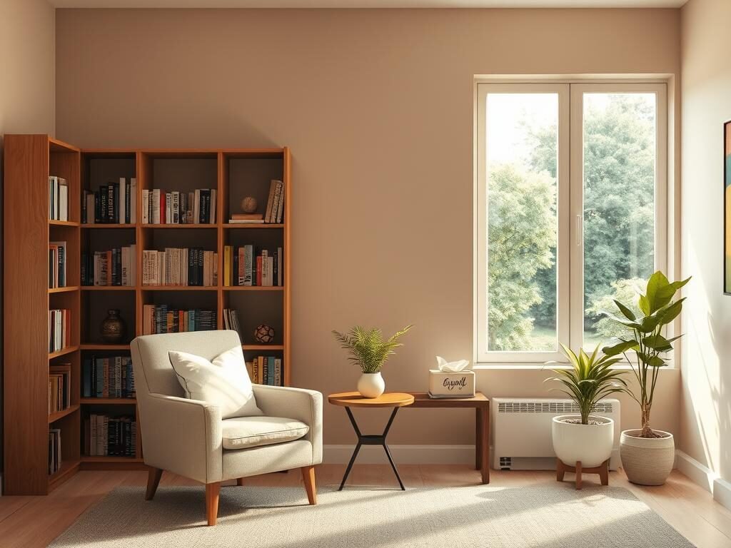A serene therapy room with warm lighting and soft textures. In the foreground, a comfortable armchair facing a wooden bookshelf filled with self-help books. On the walls, soothing abstract art and a large window overlooking a tranquil garden. The middle ground features a small table with a potted plant and a box of tissues, hinting at the emotional journey of cognitive-behavioral therapy. The background is a neutral-toned wall, creating a calming, focused atmosphere for personal growth and healing.