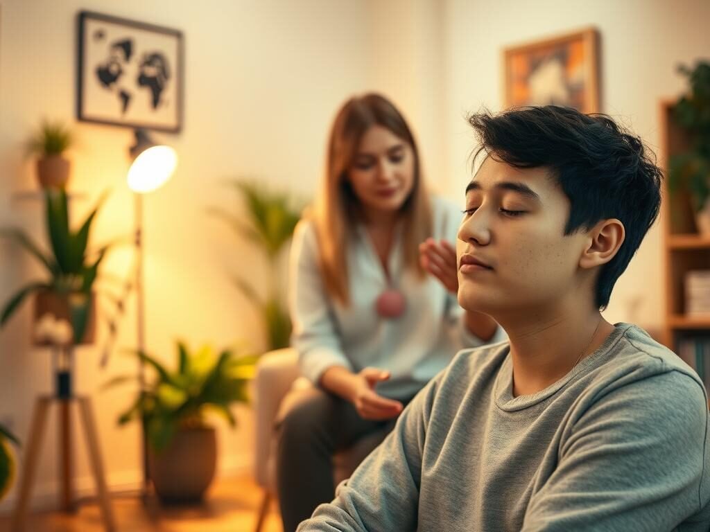 A serene, warm-lit scene of a person experiencing a breakthrough in their OCD treatment. In the foreground, an individual sits calmly, eyes closed, a peaceful expression on their face, signifying a moment of clarity and control over intrusive thoughts. In the middle ground, a therapist guides the person, their body language conveying empathy and encouragement. The background depicts a cozy, welcoming therapy office, with bookshelves, plants, and soft lighting, creating an atmosphere of trust and healing. The overall mood is one of hope, progress, and the power of effective OCD treatment to transform lives.
