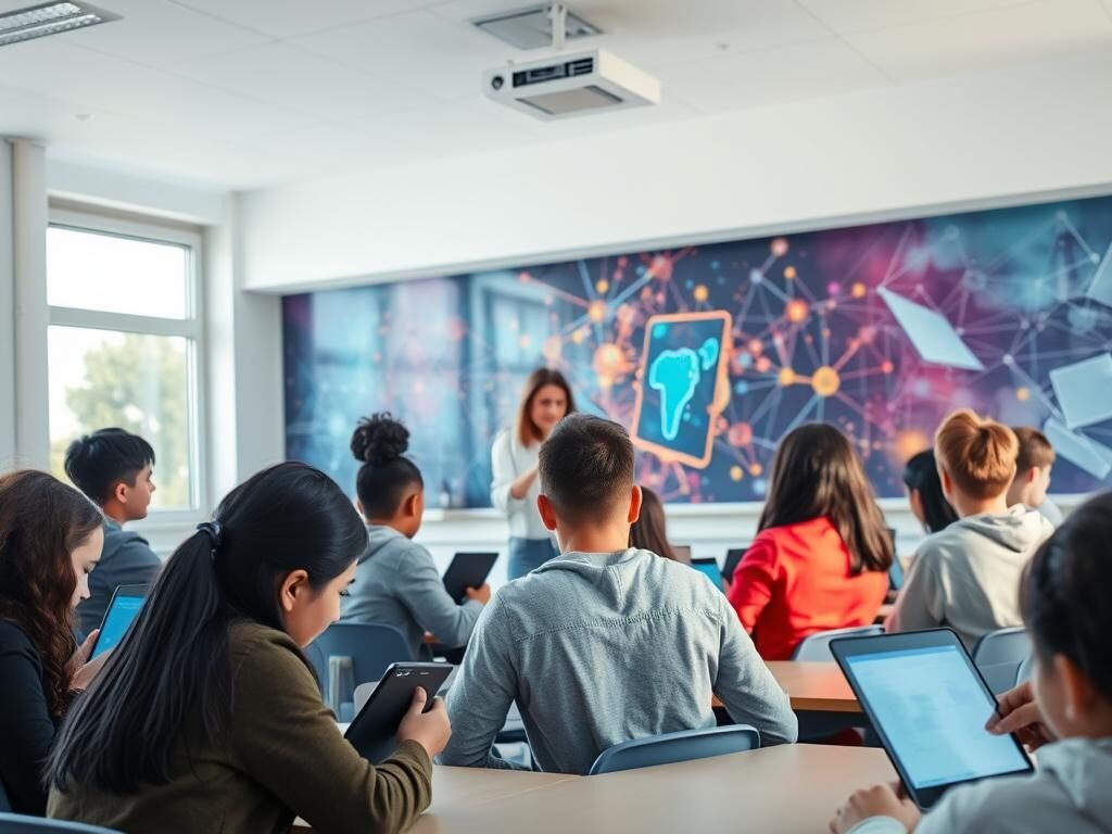 A serene, well-lit classroom with large windows, conveying a sense of openness and digital integration. In the foreground, a group of diverse students engrossed in their digital devices, collaborating on a learning task. In the middle ground, a teacher guiding them, using a touchscreen display to demonstrate a concept. The background features a vibrant, abstract mural depicting interconnected digital elements, symbolizing the interconnectedness of the digital world. The overall mood is one of focused, engaged learning, with a touch of modernity and technological advancement.