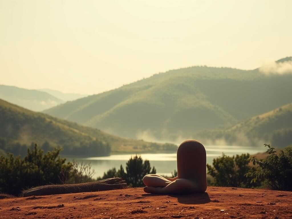 A serene, zen-inspired landscape depicting the essence of mindfulness. In the foreground, a seated figure in a lotus position, face calm and tranquil, hands resting peacefully on their lap. Soft, diffused lighting creates a warm, contemplative atmosphere. The middle ground features a tranquil pond, its surface reflecting the clear sky above. In the background, rolling hills covered in lush, verdant vegetation create a sense of depth and natural harmony. Subtle mist or fog adds a dreamlike quality, encouraging a state of focused, present-moment awareness. The overall scene conveys a sense of inner peace, emotional balance, and mental clarity.