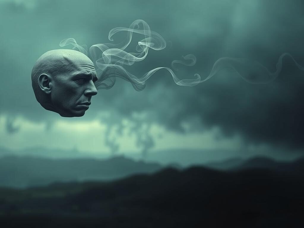 A surreal, dreamlike scene depicting intrusive thoughts. In the foreground, a disembodied human head floats, its expression troubled and distressed. Swirling, ethereal wisps of smoke or energy emanate from the head, hinting at the internal turmoil. The middle ground features a blurred, abstract landscape, with muted colors and indistinct forms that suggest a state of mental unease. The background is shrouded in deep shadows, creating a sense of unease and the unknown. Soft, diffused lighting casts a melancholic glow over the entire scene. The overall atmosphere is one of psychological tension and the unsettling nature of intrusive thoughts.