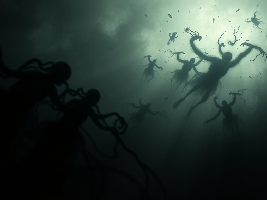 A surreal scene of intrusive thoughts manifesting as unsettling, disembodied entities swirling through a dimly lit, abstract mindscape. In the foreground, indistinct, shadowy forms drift menacingly, their tendrils reaching out. The middle ground is hazy, with fragmented, ominous shapes coalescing and dispersing, conveying a sense of unease and lack of control. The background fades into an uncertain, dreamlike void, suggesting the boundless, invasive nature of these intrusive mental experiences. Dramatic chiaroscuro lighting casts dramatic shadows, heightening the sense of psychological tension and the internal struggle to confront these unwelcome thought patterns.