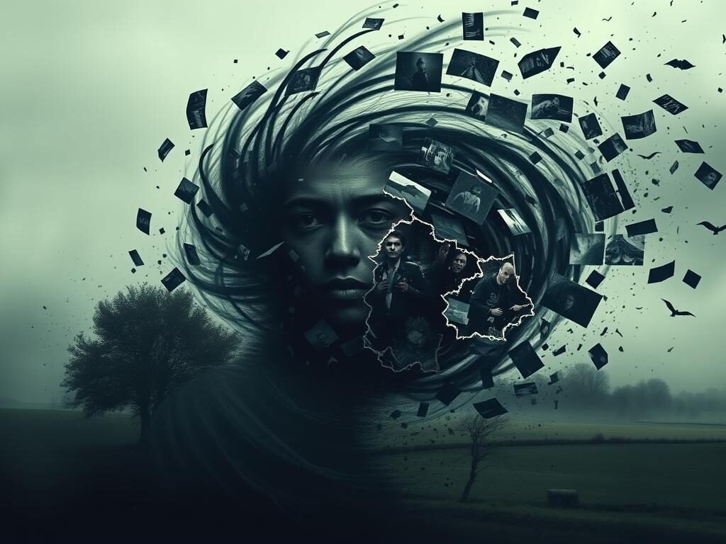 A swirling vortex of disjointed thoughts and emotions, casting an unsettling shadow over a serene landscape. In the foreground, a turbulent mind manifests as a maelstrom of fragmented, overlapping images and impressions, conveying the overwhelming and intrusive nature of these unwelcome mental experiences. The middle ground depicts a tranquil, pastoral scene, representing the individual's desired state of calm and focus, juxtaposed against the chaos of the intruding thoughts. The background features a hazy, dreamlike quality, suggesting the subconscious realm from which these intrusive thoughts emerge. Subtle, moody lighting and a muted color palette create an atmosphere of unease and discomfort, mirroring the psychological turmoil evoked by the subject matter.