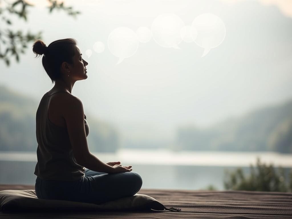 A tranquil, meditative scene depicting the process of treating intrusive thoughts. In the foreground, a person sits cross-legged on a cushion, their eyes closed in deep contemplation. Soft, diffused lighting bathes the scene, creating a calming atmosphere. In the middle ground, wisps of thought-like shapes gently dissipate, symbolizing the release of intrusive mental patterns. The background features a serene, natural landscape - perhaps a lush forest or a serene lake - conveying a sense of grounding and connection with the natural world. The overall mood is one of inner peace, mindfulness, and the gradual resolution of mental disturbances.