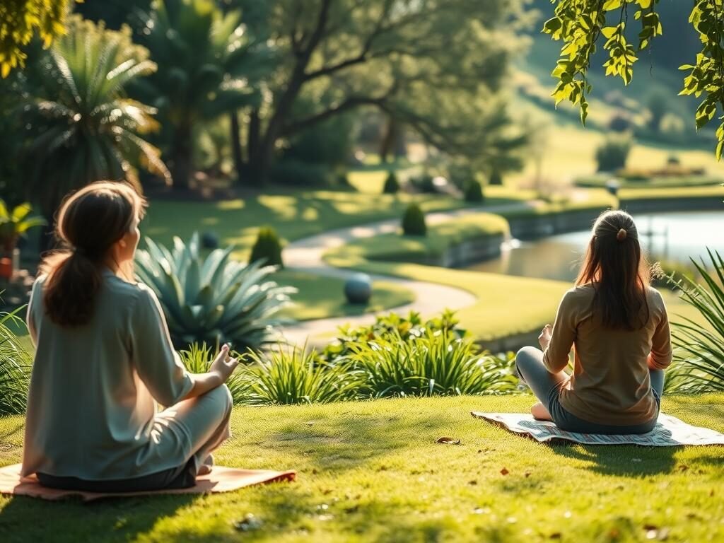 A tranquil scene of a mindfulness-based therapy session, with a therapist guiding a patient through a serene, sun-dappled garden. The foreground features the therapist and patient seated on meditation cushions, engaged in a calming dialogue. The middle ground showcases a lush, verdant landscape with a winding path, while the background depicts a serene pond reflecting the surrounding foliage. Soft, diffused lighting creates a peaceful, contemplative atmosphere, and the camera angle suggests an intimate, close-up perspective, emphasizing the therapeutic connection between the individuals. An image that visually encapsulates the "Tratamento e intervenções" section of the article on mindfulness and intrusive thoughts.