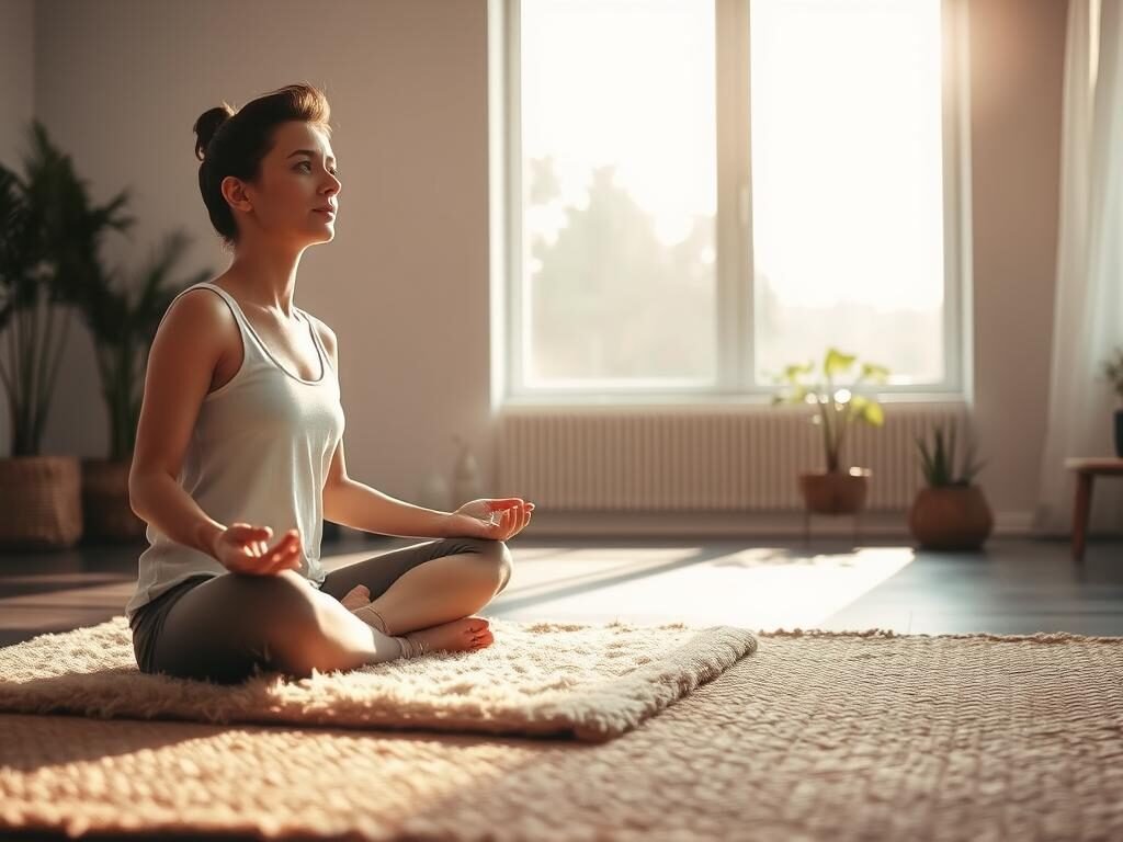 A tranquil scene of a peaceful relaxation technique in a serene, minimalist environment. In the foreground, a person sits cross-legged on a plush, natural fiber rug, hands resting gently on their lap, eyes closed in deep meditation. Soft, natural lighting filters in through large windows, casting a warm, calming glow. The background features muted, earthy tones, with simple, uncluttered furnishings and potted plants, creating a soothing, meditative atmosphere. The overall mood is one of stillness, introspection, and mental and physical rejuvenation, perfectly suited for a section on preventing intrusive thoughts in highly stimulating environments.