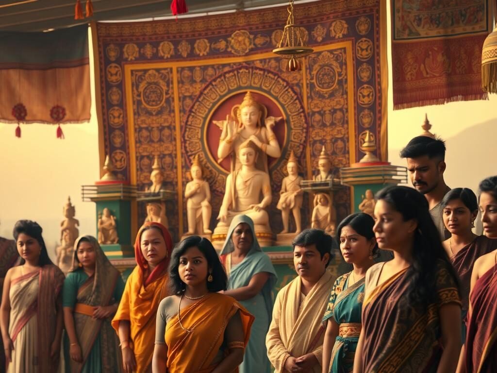 A vibrant, culturally-infused scene depicting the influence of culture on the perception of guilt and shame. In the foreground, a diverse group of individuals stand or sit, their expressions conveying a range of emotional states, from contemplation to unease. The middle ground features symbolic elements representing cultural traditions and beliefs, such as ornate tapestries, intricate sculptures, and traditional garments. The background is a softly blurred, dreamlike landscape, hinting at the complex, multilayered nature of cultural influence. Warm, diffused lighting casts a pensive, introspective mood over the entire scene, inviting the viewer to reflect on the interplay between culture, identity, and the human experience of guilt and shame.
