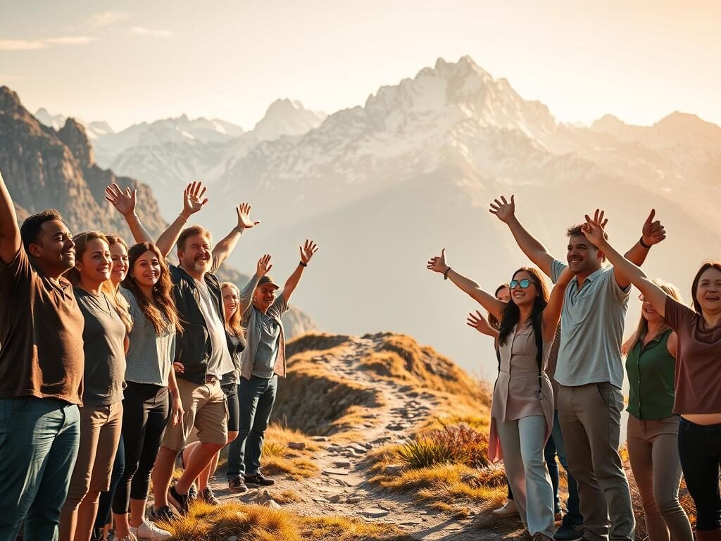A vibrant scene of triumph and resilience, set against a backdrop of a majestic mountain range. In the foreground, a group of diverse individuals stand tall, their faces alight with pride and determination. Their outstretched arms and triumphant expressions convey a sense of overcoming adversity, each person's story etched in the lines of their faces. The middle ground features a winding path leading up the mountainside, symbolizing the journey of growth and self-discovery. The lighting is warm and golden, casting a hopeful glow over the entire scene. In the distance, the snow-capped peaks reach towards the sky, a testament to the limitless potential of the human spirit. The overall atmosphere is one of inspiration, courage, and the unwavering power of the human will to succeed.