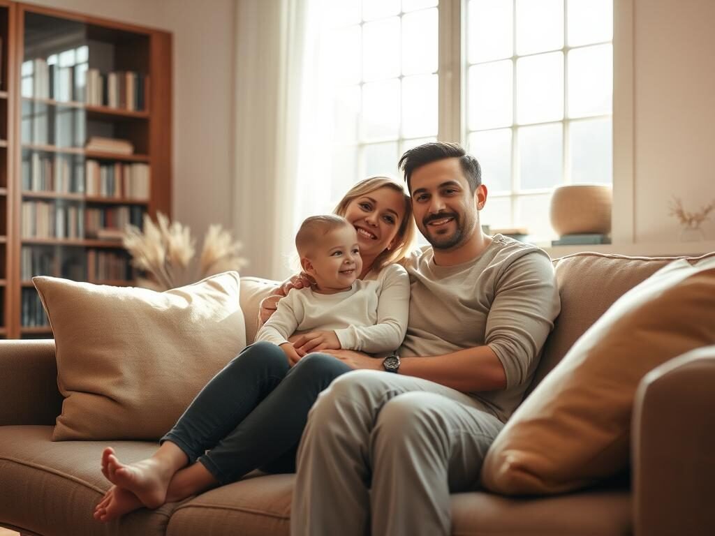 A warm and cozy living room, bathed in soft, natural light from large windows. On a plush, inviting sofa, a family of three - a mother, father, and young child - sitting close together, their expressions radiating affection and support. The room is decorated with muted, earthy tones, creating a sense of tranquility and comfort. Bookshelves line the walls, suggesting an environment of learning and growth. The overall scene conveys a safe, nurturing haven where open communication and emotional vulnerability are encouraged.