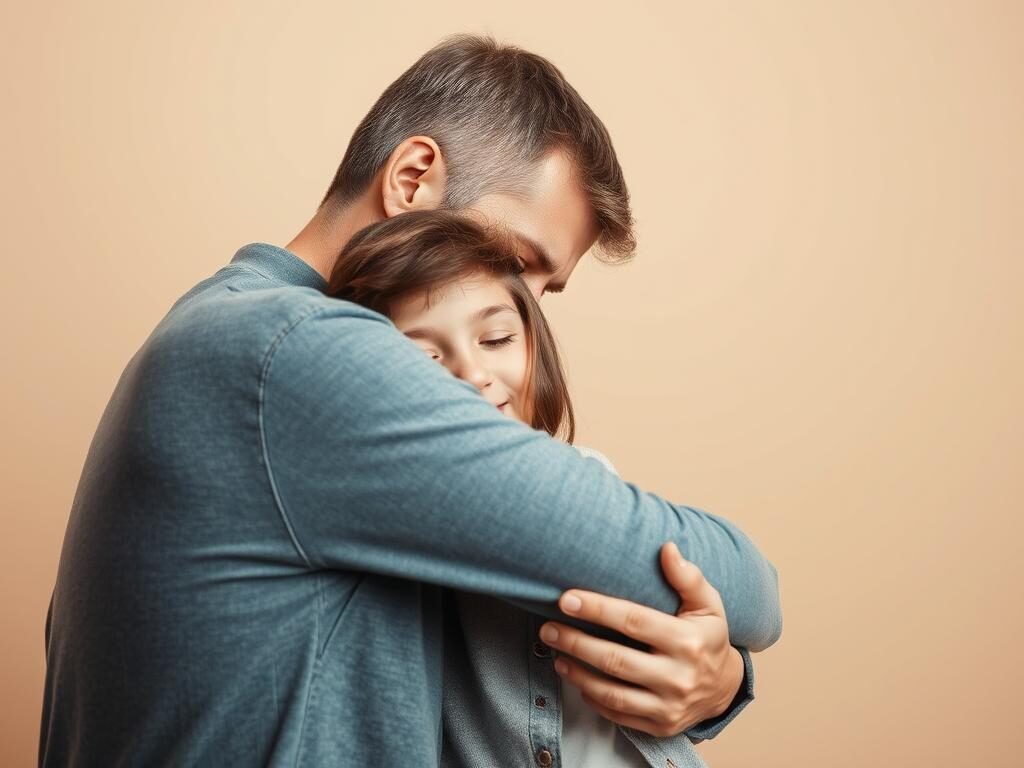 A warm and nurturing scene of a teenager being embraced by a caring adult, set against a soft, muted background. The teenager's expression conveys a sense of openness and trust, while the adult's body language exudes compassion and non-judgment. Gentle lighting casts a soothing glow, creating an atmosphere of emotional safety and acceptance. The composition emphasizes the connection between the two figures, with their faces and bodies gently angled towards each other. The overall tone is one of empathy, understanding, and the creation of a safe space for the adolescent to be heard and supported without criticism.