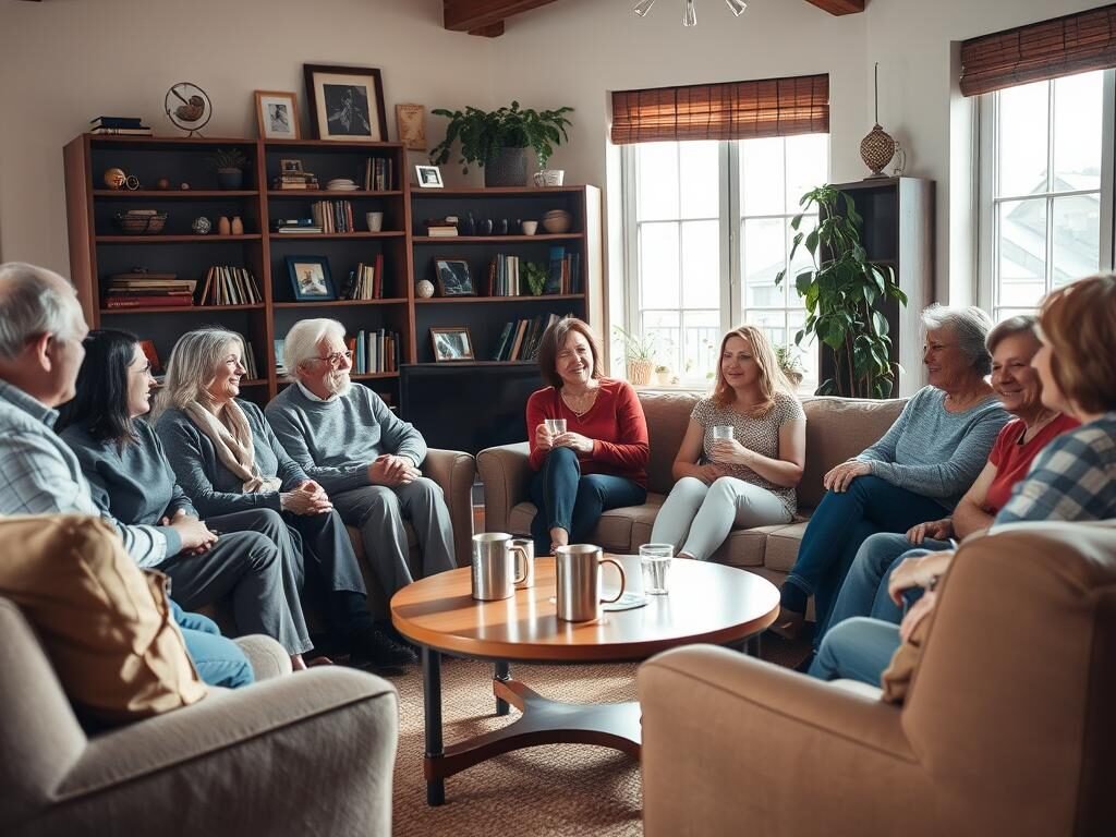 A warm, inviting living room scene with a group of people engaged in conversation and sharing a moment of connection. The room is filled with natural light streaming through large windows, casting a soft, diffused glow over the space. In the foreground, a comfortable sofa and armchairs are arranged in a casual, conversational layout, with people of various ages and backgrounds sitting together, their body language and facial expressions conveying a sense of trust, empathy, and support. In the middle ground, a low coffee table holds mugs and glasses, hinting at a shared experience. The background features bookshelves, potted plants, and personal mementos, creating a cozy, lived-in atmosphere that suggests a safe, supportive environment. The overall mood is one of camaraderie, understanding, and the importance of social bonds.