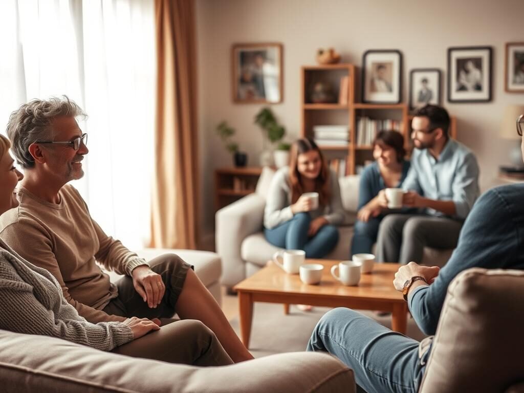 A warm, inviting living room scene with a group of people engaged in supportive conversation. In the foreground, two friends sit on a plush couch, their body language open and attentive as they listen intently to each other. Soft, diffused lighting filters through sheer curtains, creating a soothing atmosphere. In the middle ground, a family gathers around a coffee table, sharing a cup of tea and sharing laughter. The background features bookshelves and framed artwork, hinting at a sense of comfort and community. The overall mood conveys the importance of social support and the positive impact it can have on mental wellbeing.