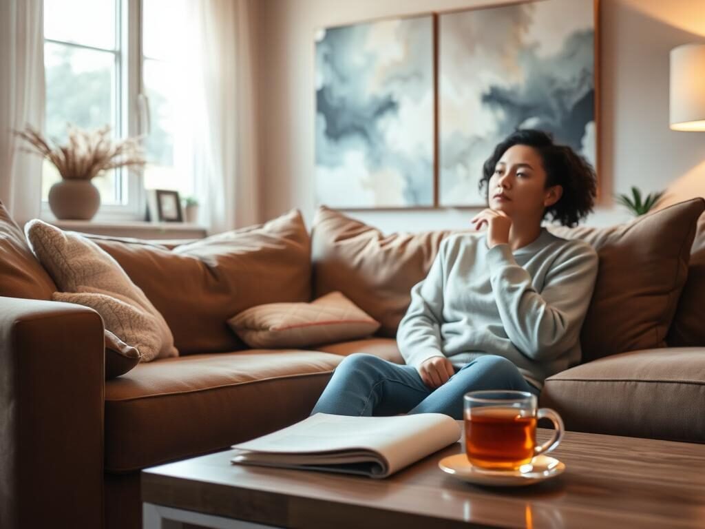 A warm, soothing living room with plush, inviting furniture and soft, natural lighting. In the foreground, a person sitting comfortably on a couch, deep in contemplation, their expression serene and thoughtful. On the coffee table, a cup of tea and a journal, symbolic of self-care and introspection. The walls are adorned with calming, abstract artwork, creating a tranquil, nurturing atmosphere. The overall scene conveys a sense of emotional support and a safe space for exploring and processing intrusive thoughts.