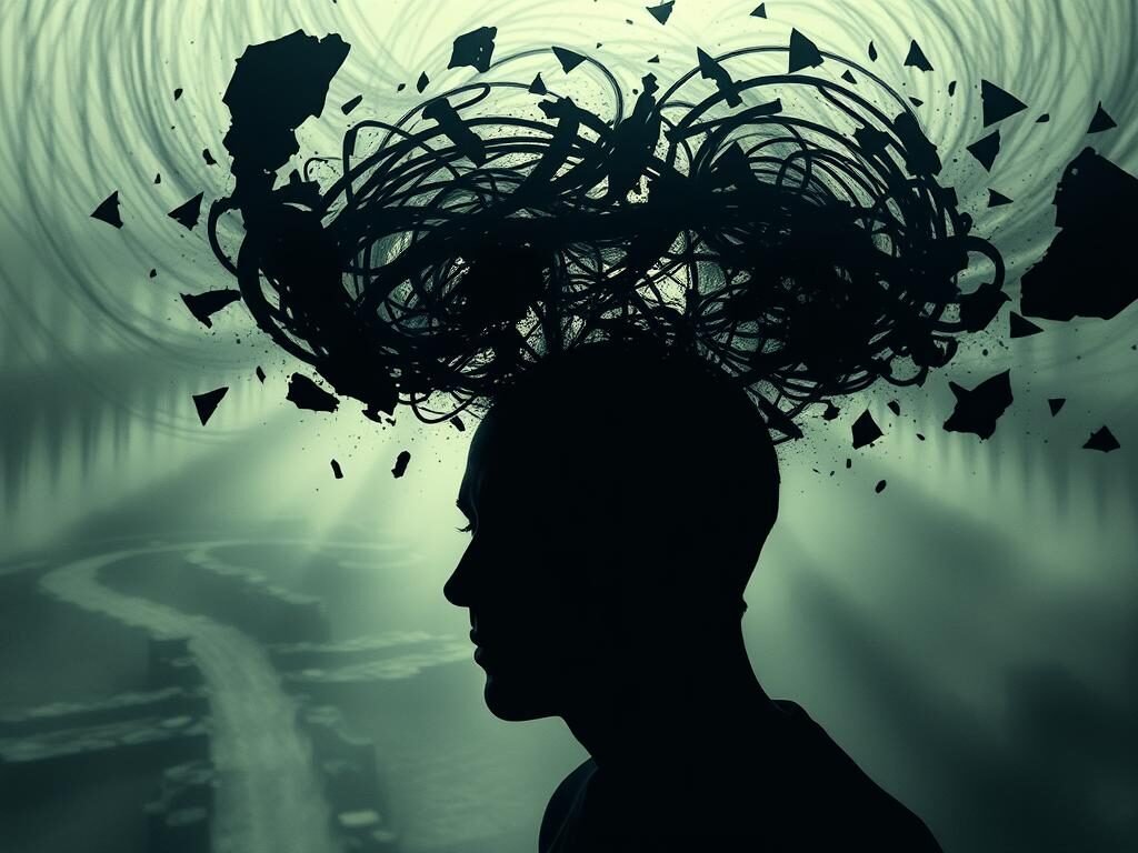 An unsettling and intrusive scene: a tormented mind, consumed by dark, swirling thoughts. In the foreground, a head surrounded by a halo of disjointed, jagged mental fragments, casting an ominous shadow. The middle ground features a distorted, fragmented landscape, with disconnected pathways and disorienting perspectives. The background is shrouded in a hazy, dreamlike atmosphere, conveying a sense of unease and the overwhelming nature of these intrusive thoughts. Dramatic, chiaroscuro lighting illuminates the scene, casting deep shadows and highlighting the intensity of the subject's inner turmoil. Cinematic, wide-angle lens captures the full scope of this psychological state, leaving the viewer unsettled and contemplative.