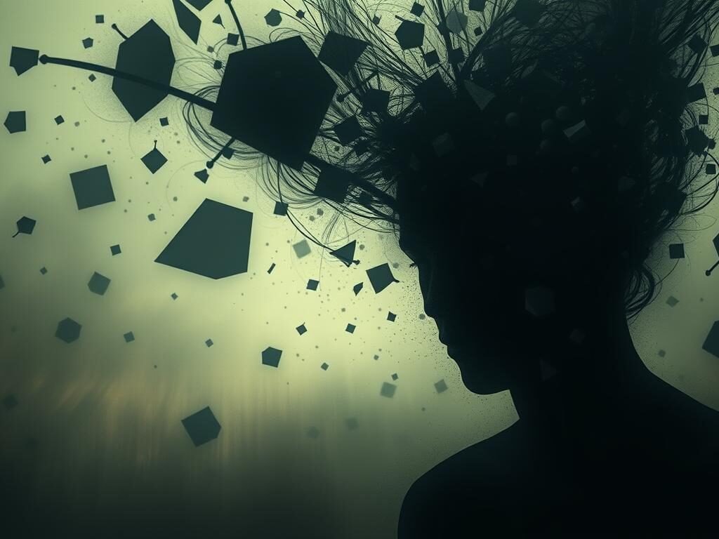 Intrusive thoughts swirling in a hazy, anxious atmosphere. A troubled mind, overwhelmed by a cacophony of dark, persistent ideas. In the foreground, an abstract figure struggles to maintain focus, their face obscured by a veil of uncertainty. The middle ground is a disorienting landscape of fragmented, disjointed shapes, hinting at the disruptive nature of these unwanted thoughts. The background fades into a dreamy, unsettling realm, where the boundaries between reality and the subconscious blur. Soft, muted lighting casts an unsettling glow, evoking the weight and intensity of the subject matter. Subtle textures and a sense of depth create a palpable sense of unease, mirroring the inner turmoil of the intrusive thoughts.
