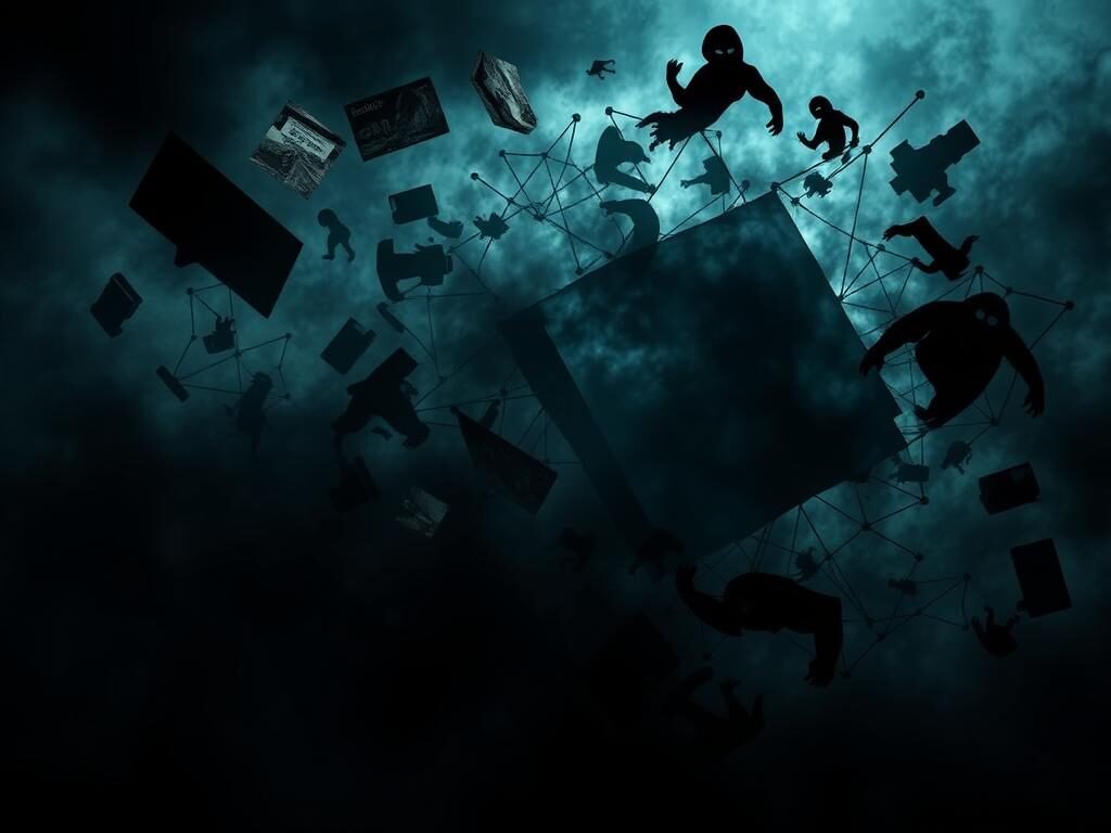 Intrusive thoughts swirling in a mind's eye, a tangle of ominous shadows and unsettling shapes. In the foreground, fragmented, distorted images flicker and morph, conveying a sense of unease and disquiet. The middle ground is shrouded in a hazy, unsettling atmosphere, with indistinct forms and textures hinting at the subconscious. The background fades into a void of deep, uneasy blues and grays, amplifying the sense of isolation and unease. Dramatic, high-contrast lighting casts dramatic shadows, heightening the intensity and drama of the scene. The overall impression is one of a troubled, restless psyche, overwhelmed by intrusive, unwelcome thoughts.