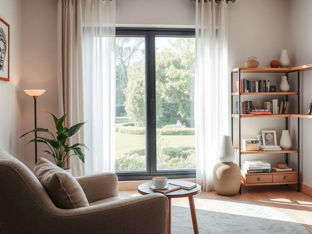 a tranquil and serene treatment room with soothing natural lighting, showcasing various calming therapeutic aids and techniques for addressing intrusive thoughts. in the foreground, a comfortable armchair and a small side table with a cup of herbal tea and a journal. the middle ground features a large window overlooking a peaceful garden, with soft curtains gently swaying. the background has shelves displaying mindfulness books, relaxation music, and aromatherapy diffusers. the overall atmosphere exudes a sense of calmness, safety, and guidance for managing intrusive thoughts through holistic, non-medicinal approaches.