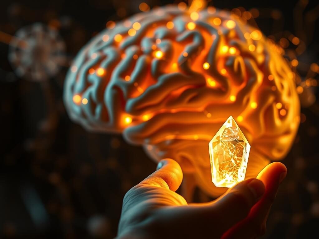 A close-up view of a person's brain, surrounded by intricate neural pathways and synaptic connections, conveying the complex inner workings of the mind. The image is bathed in a warm, focused light, highlighting the delicate structures and emphasizing the power of the brain. In the foreground, a hand holds a small, glowing crystal, symbolizing the application of neuroscientific techniques to enhance discipline and focus. The background is blurred, creating a sense of depth and drawing the viewer's attention to the central elements. The overall mood is one of scientific exploration and personal empowerment, reflecting the potential of neuroscience to unlock the secrets of self-discipline.