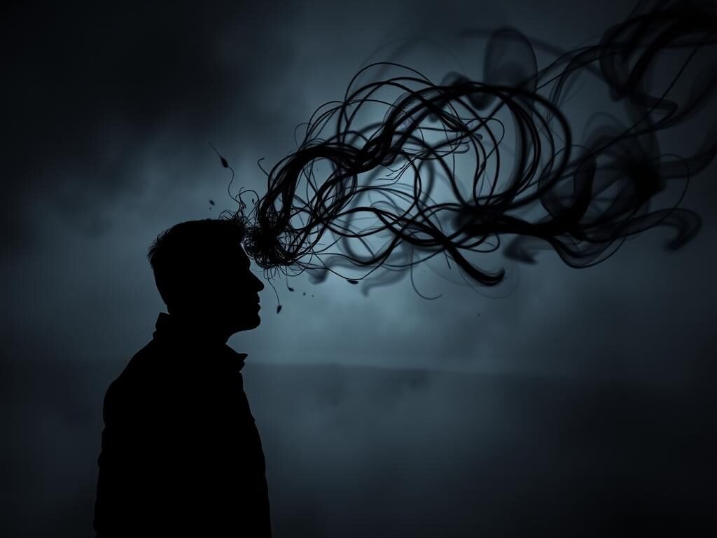 A dark, introspective scene depicting the concept of "pensamentos intrusivos". In the foreground, a shadowy figure appears to be consumed by a whirlwind of disquieting thoughts, represented by swirling, ethereal shapes in shades of gray and black. The figure's expression is one of deep contemplation, their eyes downcast and brow furrowed. The middle ground is obscured by a hazy, dreamlike atmosphere, creating a sense of unease and psychological tension. In the distant background, a blurred, featureless landscape suggests the overwhelming, inescapable nature of these intrusive thoughts. Dramatic chiaroscuro lighting casts dramatic shadows, heightening the emotional intensity of the scene. The overall mood is one of unease, introspection, and the internal struggle of the human mind.