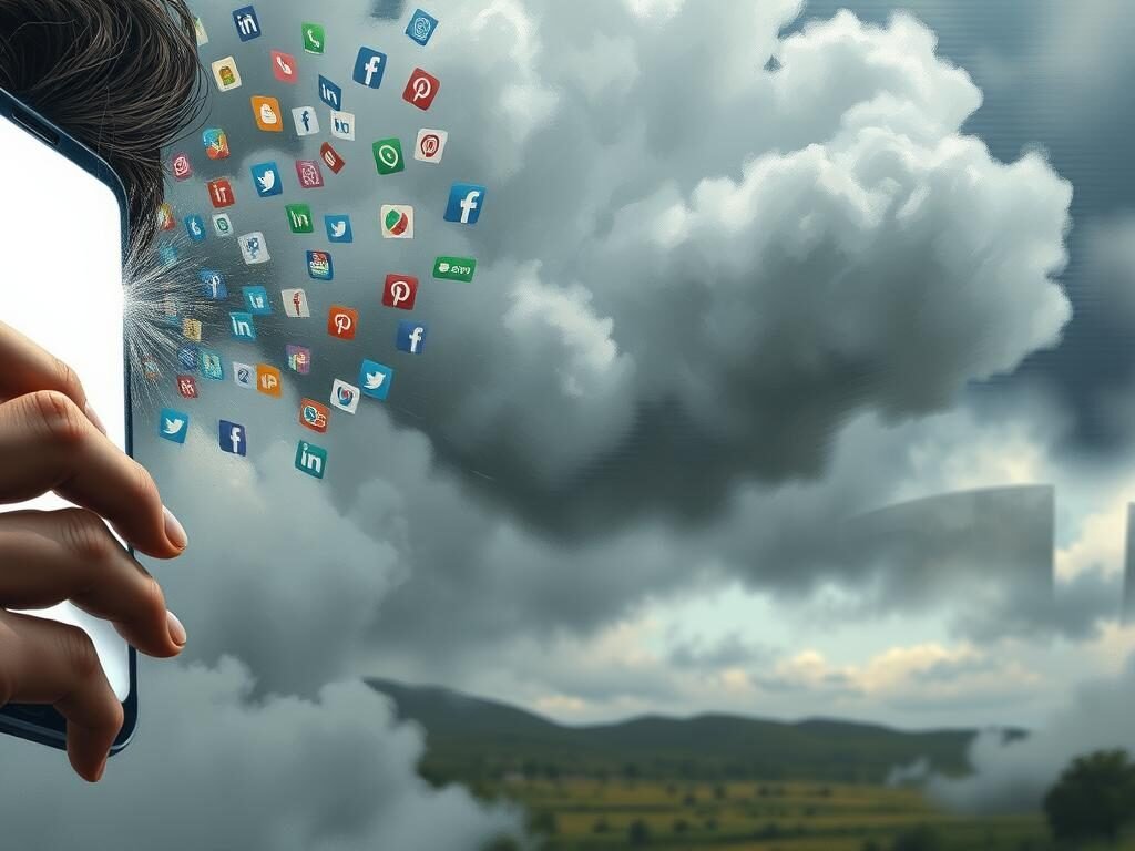 A detailed digital painting depicting the impact of social media on mental health. In the foreground, a person's face is partially obscured by a smartphone screen, the bright light casting a harsh glow. The middle ground shows swirling, turbulent clouds of social media icons and notifications, conveying a sense of overwhelming digital bombardment. In the background, a blurred, distorted landscape represents the detrimental effects on the individual's psychological well-being. The overall composition evokes a somber, introspective mood, highlighting the complex intersections between compulsive connectivity and intrusive, obsessive thought patterns.