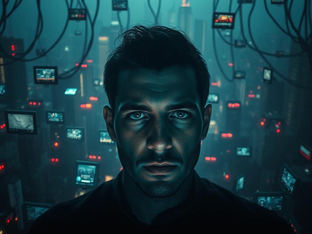 A digital landscape filled with a cacophony of hyperconnected devices, their screens flickering and pulsing with relentless notifications. In the foreground, a person's face is cast in the eerie glow, their eyes transfixed, their expression conveying a sense of obsession and compulsion. The background is a hazy, distorted cityscape, symbolizing the disconnect between the digital realm and the physical world. Dramatic lighting casts deep shadows, creating a sense of unease and isolation. The composition emphasizes the person's isolation, trapped in a vicious cycle of digital addiction. The overall mood is one of melancholy, anxiety, and the overwhelming power of technology to consume and control.