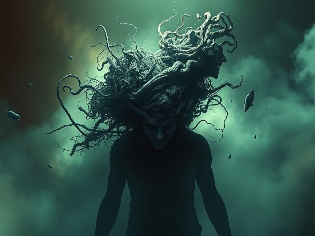 A disturbing landscape of the mind, where intrusive thoughts loom large and cast shadows of unease. A surreal, dreamlike scene with a hazy, unsettling atmosphere. In the foreground, a distorted, fragmented figure representing the individual, overwhelmed by the weight of their own cognitions. Swirling, chaotic shapes and textures in the middle ground, symbolizing the intense mental chatter. The background shrouded in a murky, foreboding mist, hinting at the subconscious depths from which these unwanted thoughts emerge. Dramatic lighting, with harsh contrasts and unsettling hues, heightening the sense of psychological tension. Cinematic, wide-angle perspective to convey the all-encompassing nature of the experience. An image that visually captures the relationship between stress and intrusive thoughts, leaving a lasting impression.