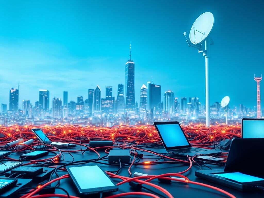 A modern, interconnected world comes alive in this image. In the foreground, a diverse array of digital devices - smartphones, tablets, laptops - are seamlessly connected, their screens glowing with activity. The middle ground reveals a network of sleek, colorful cables and wireless signals, weaving a intricate web of communication. In the background, a cityscape of skyscrapers and satellite dishes speaks to the ubiquity of technology in our hyperconnected lives. Soft, diffused lighting creates an atmosphere of seamless integration, reflecting the constant flow of information and digital collaboration. This image encapsulates the essence of "hyperconnectivity" - the constant, ubiquitous nature of technology in our modern world.