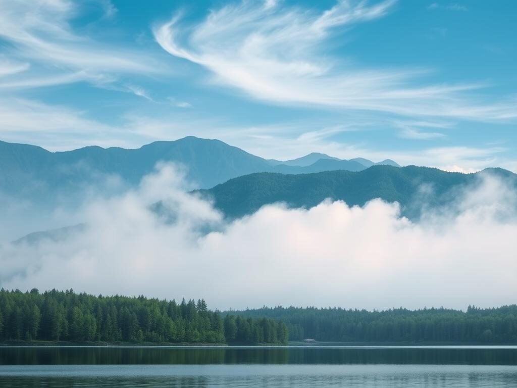 A serene and contemplative landscape depicting the interplay between mental health and intrusive thoughts. In the foreground, a tranquil lake reflects the sky above, symbolizing the inner stillness needed to address mental well-being. The middle ground features a lush, verdant forest, representing the growth and resilience of the mind. The background showcases a range of mountains, their peaks shrouded in wispy clouds, evoking the complex and multifaceted nature of the human psyche. Soft, diffused lighting casts a calming, ethereal glow over the entire scene, creating a sense of balance and harmony. The overall composition invites the viewer to pause, contemplate, and find solace in the interconnectedness of the natural world and the human mind.