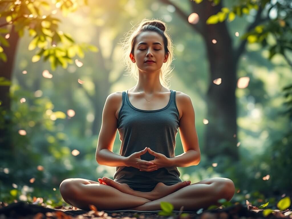 A serene and contemplative scene of a person practicing mindful meditation, surrounded by the tranquil natural elements of a forest. Gentle sunlight filters through the canopy, casting a warm glow on the meditator's face as they sit cross-legged, eyes closed, and hands resting peacefully in their lap. The background is filled with lush, verdant foliage, with delicate flower petals floating in the air, creating a sense of harmony and balance. The overall atmosphere evokes a deep sense of inner calm and present-moment awareness, reflecting the principles of mindfulness and the neuroscience behind its practice.