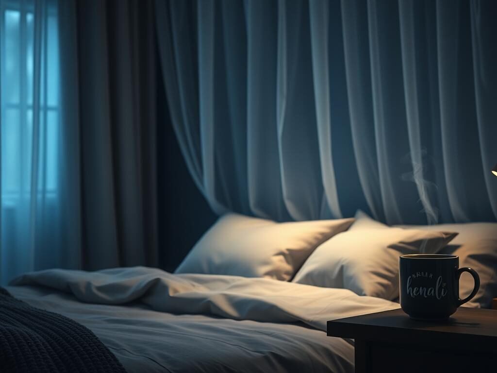 A serene bedroom scene, dimly lit with warm, cozy lighting. Soft, organic textures in shades of blue and grey create a tranquil atmosphere. A comfortable bed takes center stage, with plush bedding and an array of pillows inviting a restful slumber. Wispy, ethereal curtains gently billow, hinting at a peaceful breeze. On the nightstand, a mug of herbal tea steams, complementing the overall sense of relaxation. The room exudes a sense of harmony, reflecting the importance of quality sleep for mental well-being.