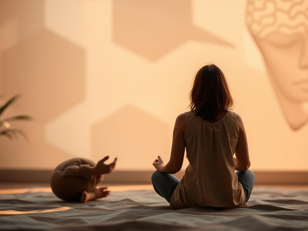 A serene, contemplative scene depicting psychological interventions. In the foreground, a person sits cross-legged, eyes closed, engaged in mindful meditation. Soft, diffused lighting casts a warm, therapeutic glow. In the middle ground, a therapist and patient converse, their body language conveying empathetic connection. The background features abstract, soothing shapes and textures, hinting at the subconscious realm of the mind. The overall atmosphere evokes a sense of introspection, emotional healing, and the power of cognitive-behavioral techniques to address intrusive thoughts and promote well-being.