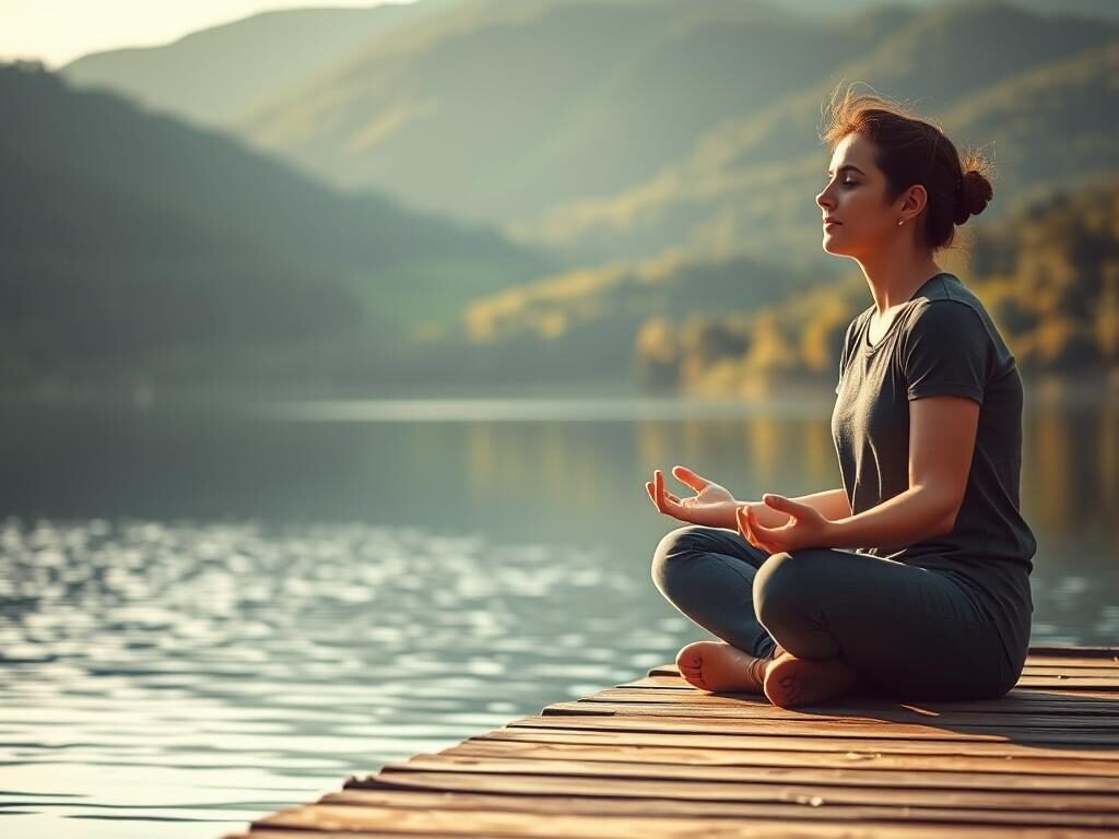 A serene, contemplative scene of a person in deep introspection, sitting cross-legged on a wooden dock overlooking a tranquil lake. The setting is bathed in soft, warm natural lighting, casting a peaceful glow. In the background, lush, verdant hills rise up, reflecting in the still waters. The person's expression is one of focused concentration, their hands resting gently in their lap as they engage in mindful, meditative practices to prevent relapse. The overall atmosphere evokes a sense of inner calm, resilience, and a reconnection with the soothing power of nature.