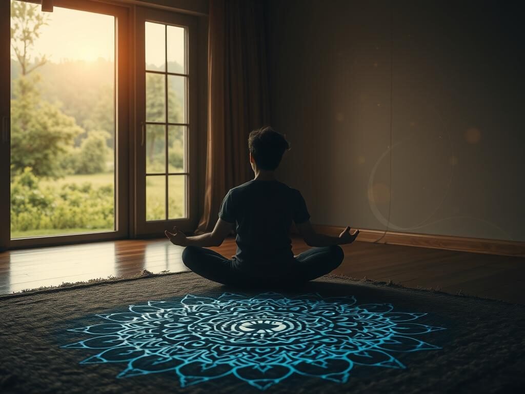 A serene, dimly lit room with a warm, cozy atmosphere. In the foreground, a person sits cross-legged on a plush rug, deeply focused on a glowing mandala-like pattern projected onto the floor. The mandala's intricate, ever-shifting design represents the breaking of a vicious cycle, with lines and shapes dissolving and reforming in an endless, mesmerizing dance. The middle ground features a large, tranquil window overlooking a lush, green landscape, bathed in soft, golden sunlight. The background is filled with floating, ethereal wisps of energy, symbolizing the release of pent-up emotions and the freeing of the mind from intrusive thoughts. The overall scene conveys a sense of mindfulness, transformation, and the power of inner focus to overcome debilitating mental patterns.