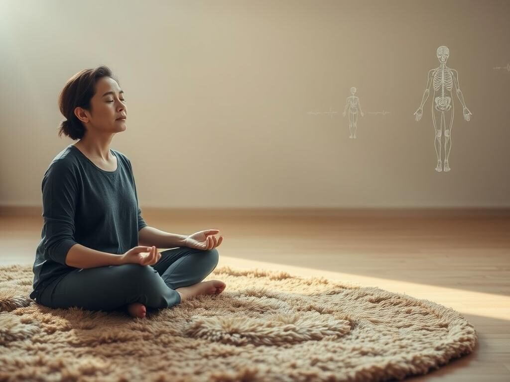 A serene, introspective scene depicting the practice of Somatic Therapy. In the foreground, a person sits cross-legged on a plush, earthy-toned rug, eyes closed and hands resting gently on their lap, their expression one of deep concentration and inner calm. Soft, diffused lighting filters in from unseen sources, casting a warm, meditative glow. In the middle ground, subtle anatomical illustrations or diagrams float ethereally, conveying the mind-body connection at the heart of this holistic approach. The background is a tranquil, minimalist space, perhaps with muted tones and natural textures that further reinforce the soothing, grounding atmosphere. An overall sense of introspection, balance, and the therapeutic power of embodied awareness permeates the scene.