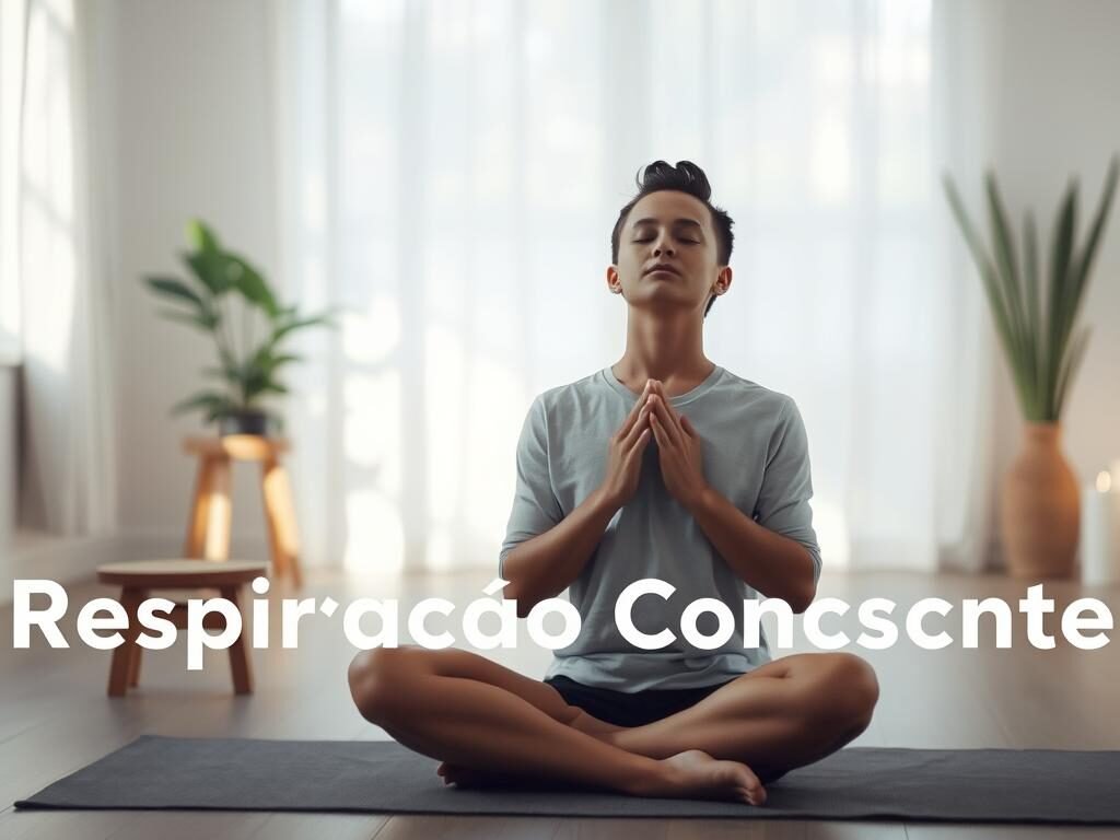 A serene, meditative scene depicting "Respiração Consciente". In the foreground, a person sits cross-legged, eyes closed, hands resting gently on their lap, deeply focused on their breathing. Soft, diffused natural lighting filters through a window, casting a warm, calming glow. The middle ground features simple, minimalist decor - a wooden meditation stool, a plant, and a few candles, conveying a sense of tranquility. The background blurs into a soothing, neutral palette, drawing attention to the central figure and their mindful breathing practice. The overall atmosphere is one of inner peace, balance, and a deep connection to the present moment.
