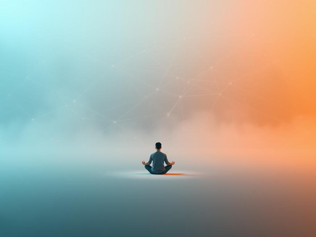 A serene, minimalist digital landscape depicting the interplay between hyper-connectivity and mental health. In the foreground, a lone figure sits cross-legged, immersed in a meditative pose, a soft glow emanating from their digital device. The middle ground features a web-like network of interconnected lines, representing the tangled web of digital interactions. The background depicts a hazy, dreamlike environment, with muted tones and subtle gradients, symbolizing the impact of constant digital stimulation on the mind. The lighting is soft and diffused, creating a contemplative, introspective atmosphere. The camera angle is slightly elevated, providing a birds-eye view of the scene, inviting the viewer to ponder the delicate balance between hyper-connectivity and mental well-being.