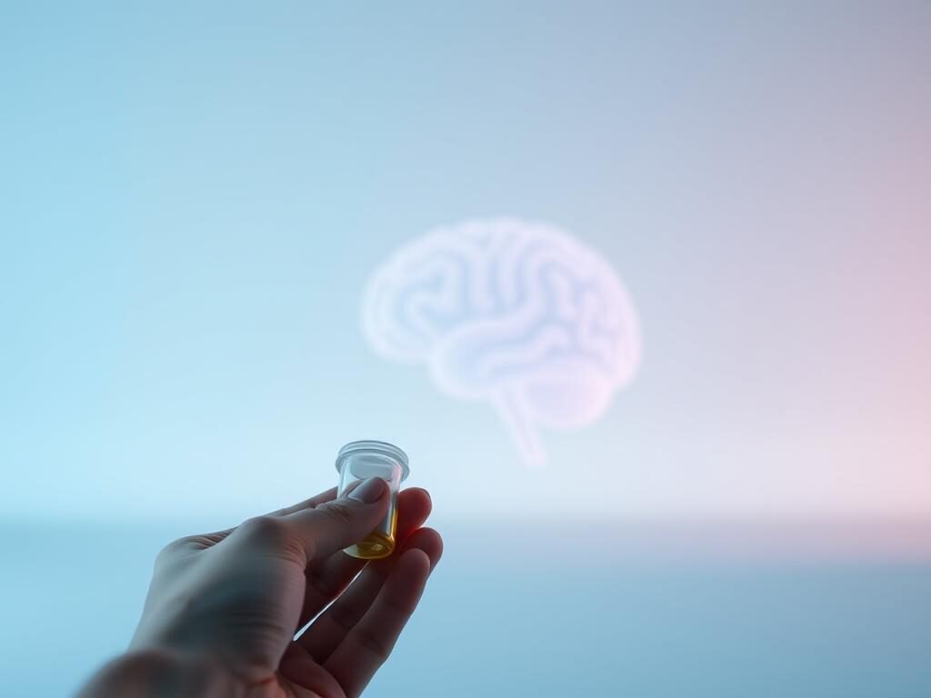A serene, minimalist scene depicting mental health treatment and medication. In the foreground, a hand holds a pill bottle against a plain white background, conveying the significance of pharmacological intervention. The middle ground features a softly blurred, pastel-toned brain diagram, symbolizing the neurological processes involved. The background is a calming gradient, perhaps in shades of blue, evoking a sense of tranquility and introspection. Soft, diffused lighting creates an atmospheric, therapeutic ambiance, while a clean, uncluttered composition maintains the focus on the core elements. The overall mood is one of contemplation, balance, and the role of medication in mental healthcare.