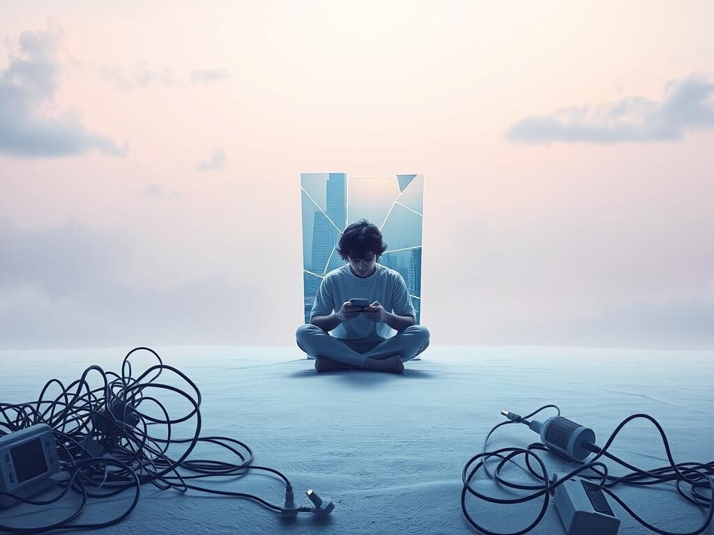 A serene, pastel-hued landscape with a person sitting cross-legged, deeply immersed in their smartphone. Wispy clouds drift overhead, casting a gentle glow. The foreground features a tangle of electrical cords and tangled phone chargers, symbolizing the hyper-connected nature of modern life. In the middle ground, a shattered mirror reflects a fragmented, distorted image of the person, suggesting the psychological impact of constant digital stimulation. The background depicts a hazy, dreamlike cityscape, hinting at the detachment from reality that can result from excessive screen time. Soft, diffused lighting creates an introspective, contemplative atmosphere, inviting the viewer to reflect on the complex relationship between technology and mental well-being.