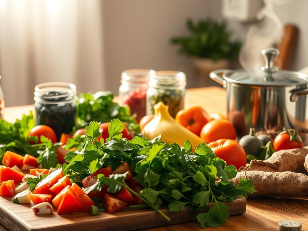 A serene, softly-lit kitchen scene showcasing an array of wholesome, vibrant ingredients for a healthy meal. In the foreground, a cutting board displays freshly chopped vegetables - crisp greens, juicy tomatoes, and earthy roots. Nearby, a glass jar holds a rainbow of berries, while a steaming pot emits the aroma of simmering herbs and spices. The middle ground features a wooden table, its surface adorned with a simple linen cloth and a modest place setting, inviting the viewer to sit and savor a nourishing, mindful meal. The background is bathed in a warm, diffused light, conveying a sense of calm and wellbeing, as if to suggest the positive impact of this "alimentação saudável" on mental health and overall balance.