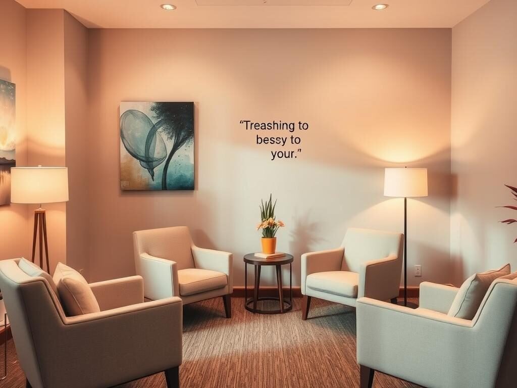 A serene, well-lit therapy room with warm lighting, modern furnishings, and soothing neutral tones. Two comfortable armchairs face each other, inviting thoughtful discussion. On the walls, abstract artworks and inspirational quotes subtly suggest the transformative power of cognitive-behavioral therapy. The room's atmosphere exudes a sense of safety, reflection, and personal growth, perfectly capturing the importance of this therapeutic approach.