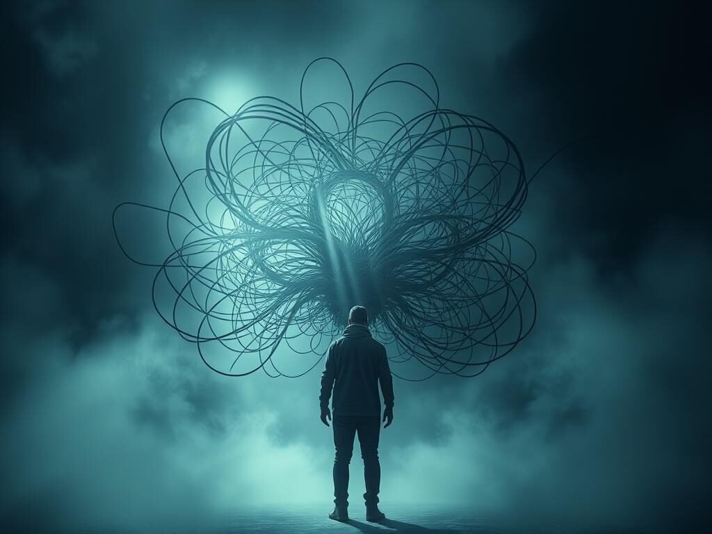 A solitary figure, consumed by an intricate web of swirling, obsessive thoughts, stands in a dimly lit, claustrophobic environment. The background is a hazy, dreamlike expanse, devoid of clear boundaries, mirroring the disorienting nature of the mind's internal landscape. Shards of light pierce through the gloom, casting a harsh, almost interrogative glow upon the individual, who appears trapped, unable to escape the relentless mental chatter. The composition emphasizes the overwhelming sense of isolation and the individual's struggle to find clarity amidst the chaos of obsessive rumination. A haunting, ethereal atmosphere permeates the scene, reflecting the deeply unsettling and all-consuming nature of obsessive thoughts.