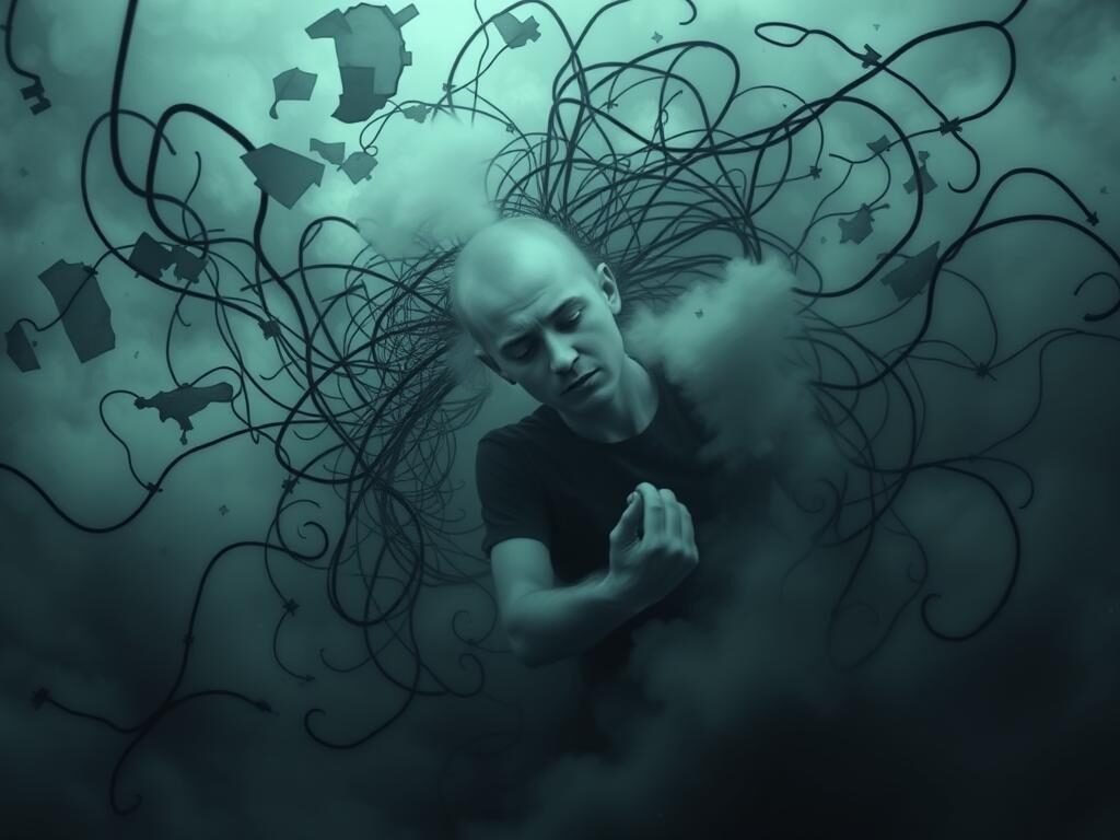 A swirling vortex of tangled, obsessive thoughts consumes the mind's eye, casting a hazy, unsettling atmosphere. Disjointed fragments of ideas, anxieties, and compulsions coalesce into a dense, overwhelming cloud that obscures clear perception. Ethereal tendrils of mental anguish ensnare the subject, who is trapped in a state of rumination, unable to break free. Muted, monochromatic tones evoke a sense of unease, while the tight, claustrophobic framing emphasizes the intensity of the inner turmoil. The overall composition conveys the relentless, consuming nature of obsessive thoughts, a visual representation of the section's title.