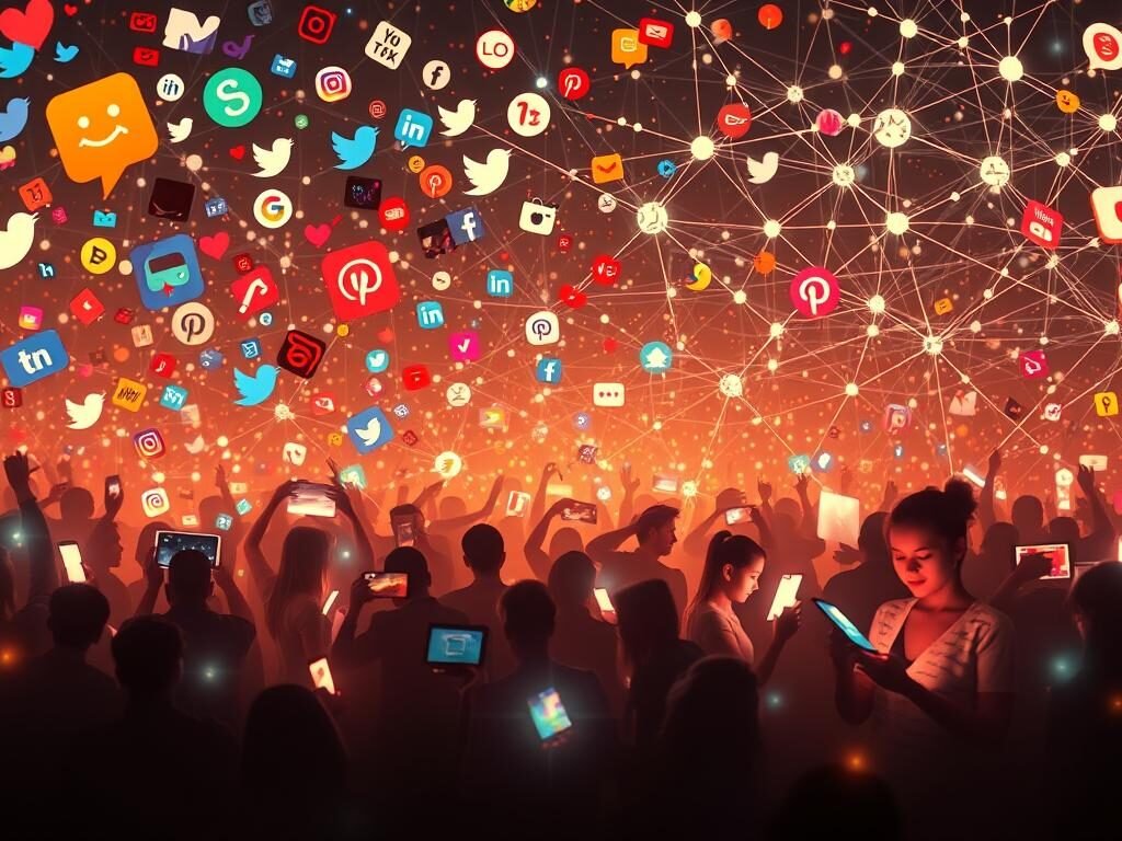A vibrant digital landscape depicting the dynamic world of social media. In the foreground, a jumble of colorful icons, symbols, and logos representing various social platforms float and swirl, conveying a sense of interconnectivity and digital engagement. The middle ground features a diverse array of human figures, their faces illuminated by the glow of their mobile devices, immersed in the constant stream of online interactions. In the background, a web of digital connections, data streams, and pulsing networks weave a complex tapestry, reflecting the far-reaching influence of social media on our modern lives. Warm, diffused lighting casts a soft, contemplative mood, inviting the viewer to consider the psychological and neurological implications of this ubiquitous digital landscape.