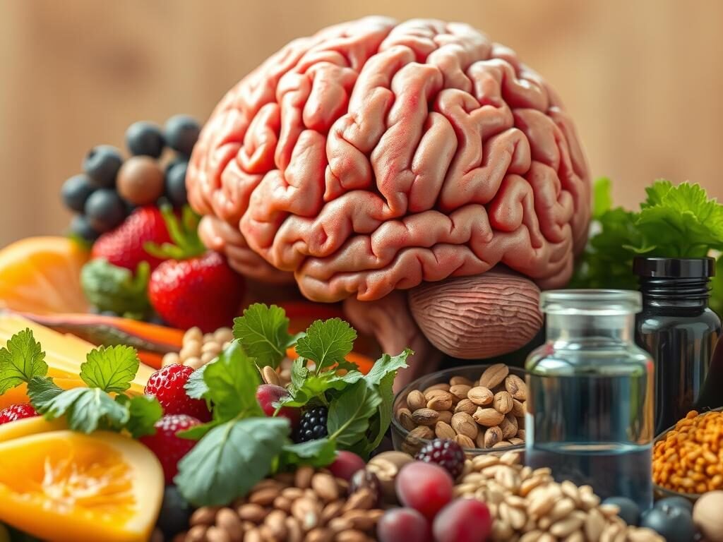 A vibrant, highly detailed image of a human brain surrounded by an array of colorful, nutrient-rich foods. The brain is rendered with anatomical precision, its intricate folds and structures clearly visible. The foreground features a selection of fresh produce, such as berries, leafy greens, nuts, and whole grains, artfully arranged to suggest a balanced, brain-boosting diet. The middle ground showcases a glass of water and a supplement bottle, hinting at the importance of hydration and targeted nutritional support. The background is softly blurred, creating a sense of depth and focus on the central subject. The lighting is warm and natural, casting a gentle glow over the scene and evoking a feeling of wellness and vitality.