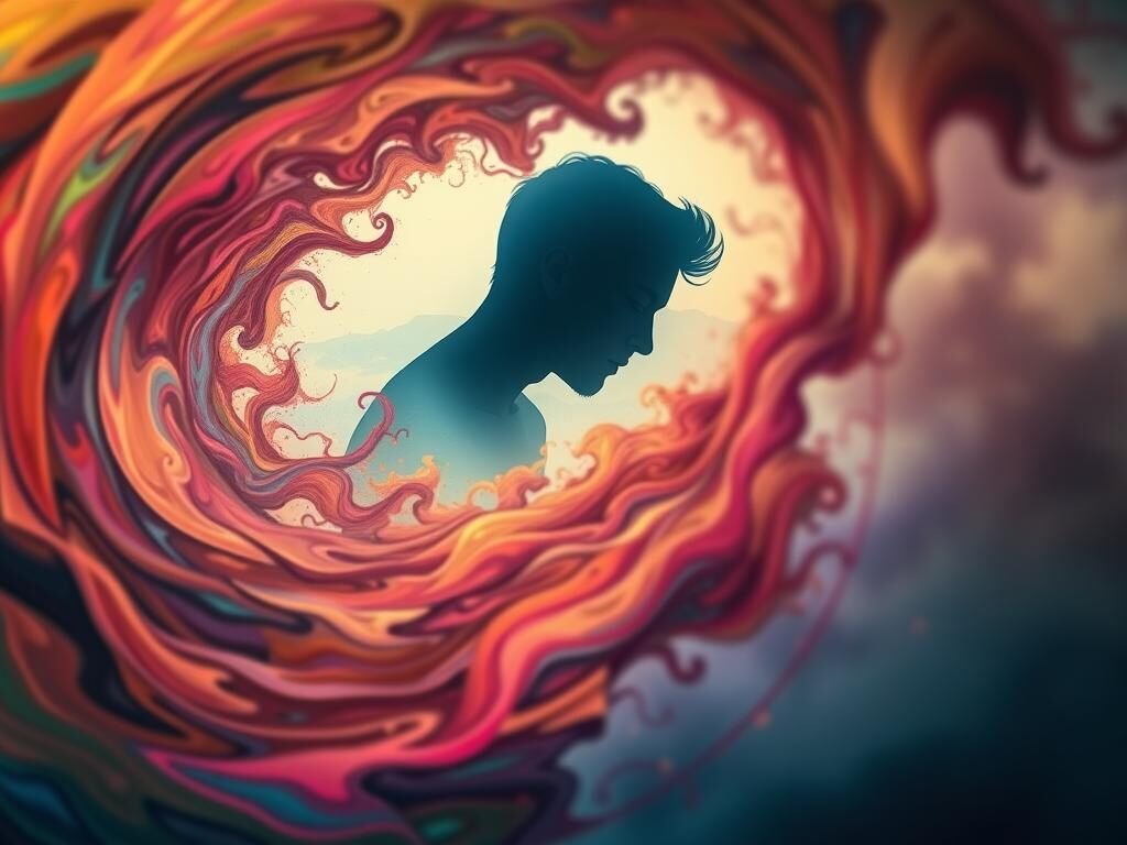 A visually captivating scene depicting the intricate relationship between emotions and thoughts. In the foreground, a swirling vortex of vibrant hues represents the dynamic interplay of feelings - joy, sorrow, anger, and contemplation. The middle ground features a silhouetted figure immersed in deep introspection, their face a canvas of contemplative expressions. The background is a hazy, ethereal landscape, evoking the boundless realm of the mind. Soft, diffused lighting casts a pensive glow, creating an atmosphere of profound self-reflection. The overall composition conveys the delicate balance and continuous exchange between our inner emotional world and the realm of cognition.