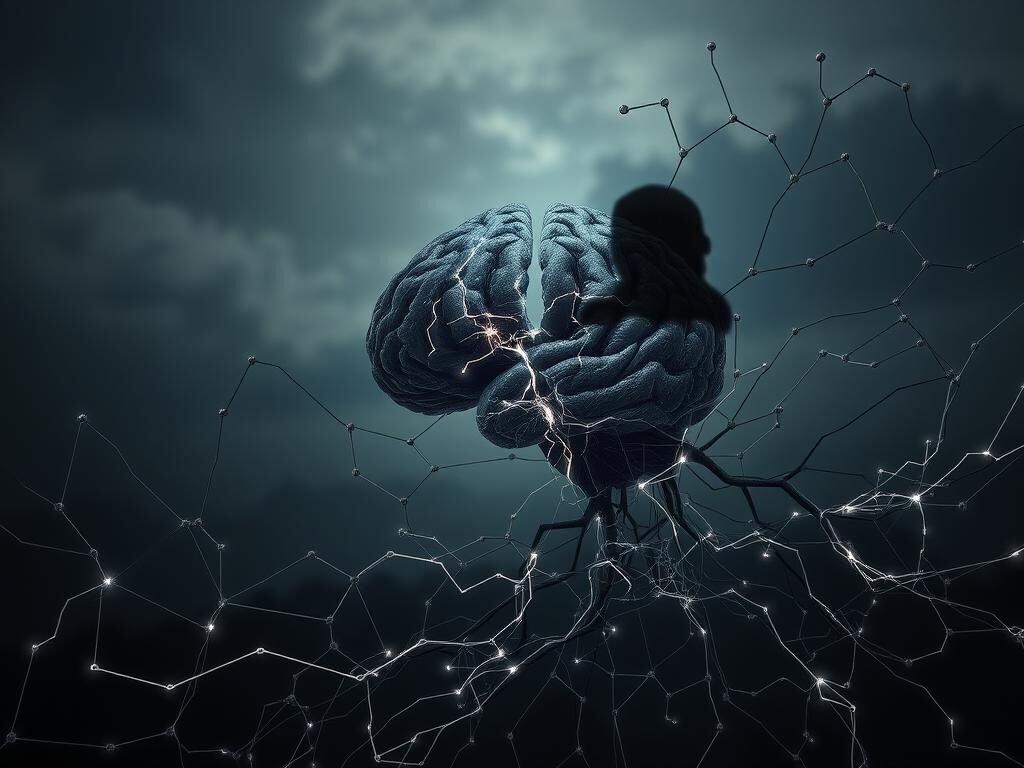 An intricate neural network diagram against a dimly lit, cerebral backdrop. In the foreground, a tangled web of synaptic connections pulsates with electric currents, representing the complex web of thoughts and emotions. The middle ground depicts a distorted, fragmented human brain, its structure disrupted by intrusive thoughts, visualized as shadowy, disruptive entities. The background features a moody, atmospheric landscape, hinting at the subconscious realm where these thoughts originate. Soft, dramatic lighting casts a contemplative, almost ominous tone, emphasizing the profound impact of intrusive thoughts on the human psyche. The composition conveys the idea of the inner workings of the mind, the clash between neural processes and psychological disturbances.