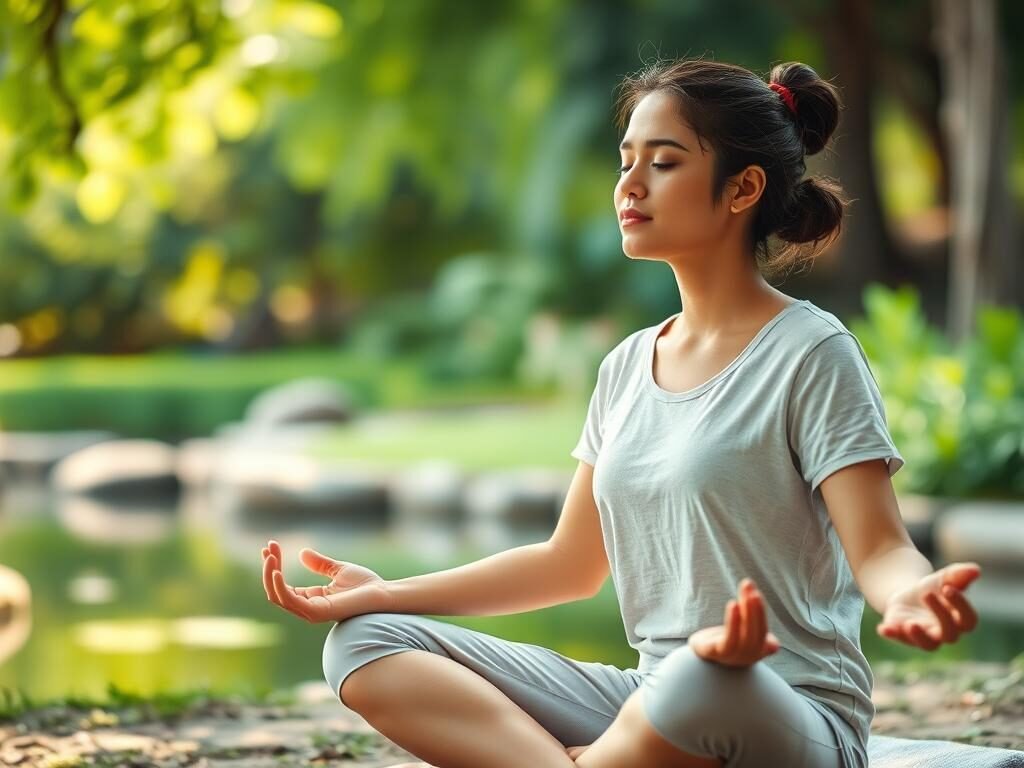 Serene and meditative scene depicting exercises for the mind. A tranquil outdoor setting with a peaceful garden or park, soft natural lighting, and a person sitting in a comfortable lotus position, eyes closed, focusing on their breath. The background features lush greenery, maybe a small pond or stream. The person exudes a sense of calm and inner focus, their expression serene. The overall atmosphere is one of mindfulness, relaxation, and mental wellbeing.