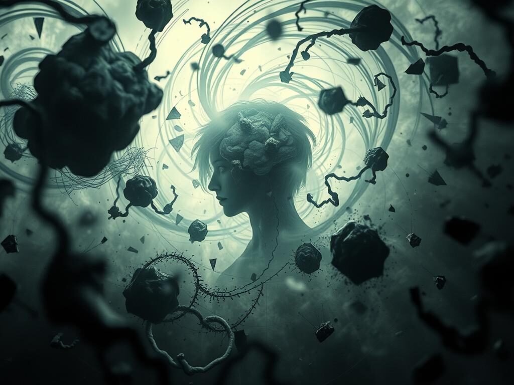 Swirling thoughts and endless loops, a mind consumed by obsessive cognitions. Intrusive mental images, distorted and magnified, dominate the foreground. Disjointed fragments, abstract patterns, and unsettling textures create a sense of unease in the middle ground. Hazy, dreamlike atmosphere envelops the scene, conveying the overwhelming and inescapable nature of obsessive thinking. Dramatic lighting casts deep shadows, emphasizing the intensity and darkness of the subject matter. Captured through a narrow depth of field, the viewer is drawn into this captivating, yet unsettling mental landscape.